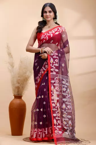 Purple & red muslin saree with delicate jamdani motifs and graceful contrast border