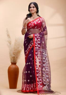 Purple & red muslin saree with delicate jamdani motifs and graceful contrast border 2