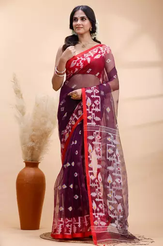 Purple & red muslin saree with delicate jamdani motifs and graceful contrast border