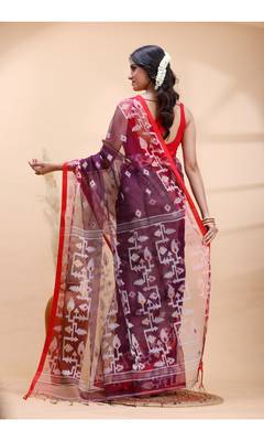 Purple & red muslin saree with delicate jamdani motifs and graceful contrast border 3