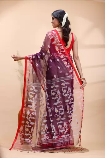 Purple & red muslin saree with delicate jamdani motifs and graceful contrast border