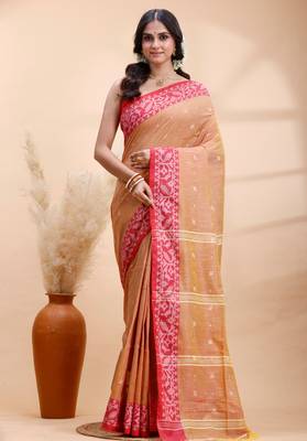 Golden earth handloom cotton saree with red heritage border 1
