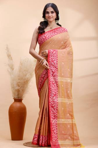 Golden earth handloom cotton saree with red heritage border