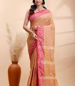 Golden earth handloom cotton saree with red heritage border