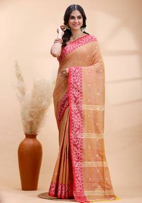 Golden earth handloom cotton saree with red heritage border 2