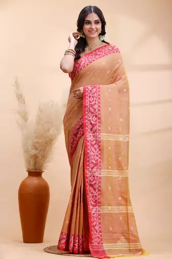 Golden earth handloom cotton saree with red heritage border