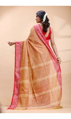 Golden earth handloom cotton saree with red heritage border 3