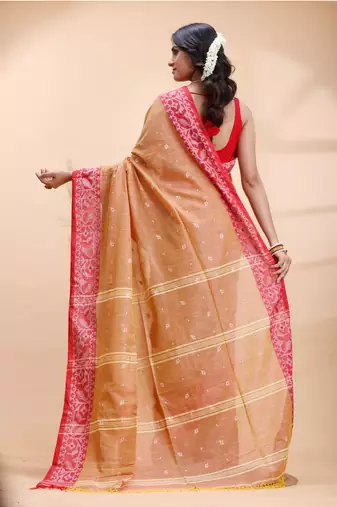 Golden earth handloom cotton saree with red heritage border