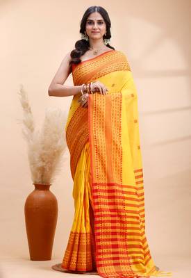 Yellow  handloom cotton saree with red traditional border & intricate weaving design 1
