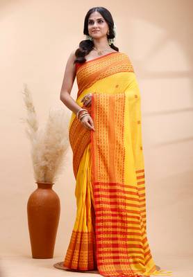 Yellow  handloom cotton saree with red traditional border & intricate weaving design 2