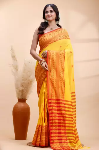 Yellow  handloom cotton saree with red traditional border & intricate weaving design