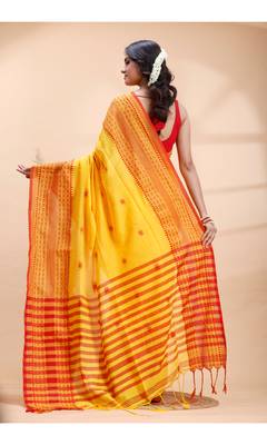 Yellow  handloom cotton saree with red traditional border & intricate weaving design 3