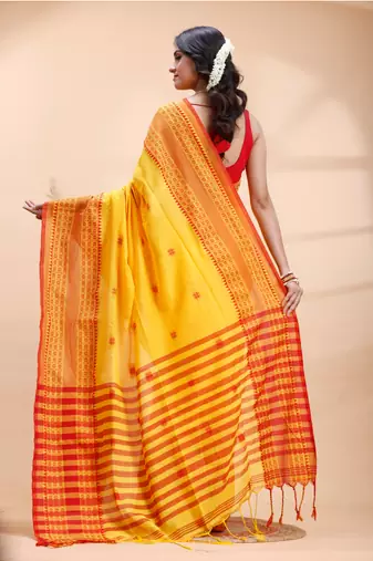 Yellow  handloom cotton saree with red traditional border & intricate weaving design