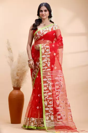 Red muslin saree with delicate jamdani motifs and green contrast border