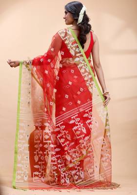 Red muslin saree with delicate jamdani motifs and green contrast border 3