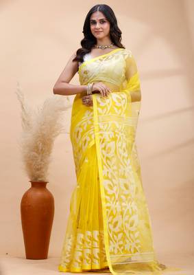Yellow and white muslin saree with delicate jamdani motifs and self border 2