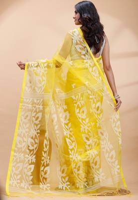 Yellow and white muslin saree with delicate jamdani motifs and self border 3