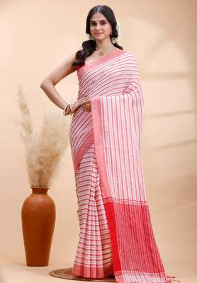 White & red handloom cotton saree with fine striped weave and traditional border 1