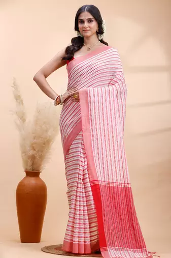 White & red handloom cotton saree with fine striped weave and traditional border
