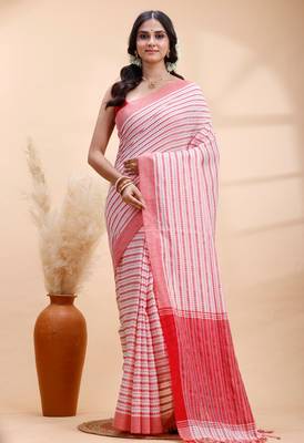 White & red handloom cotton saree with fine striped weave and traditional border 2