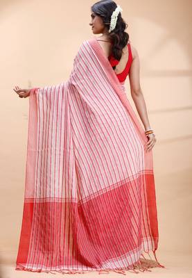 White & red handloom cotton saree with fine striped weave and traditional border 3