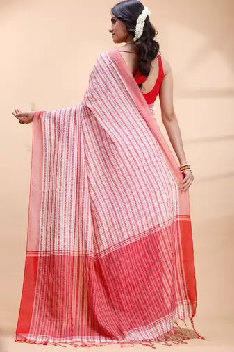 White & red handloom cotton saree with fine striped weave and traditional border