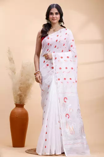 White handloom cotton saree with delicate red and golden floral buti and artistic woven pallu