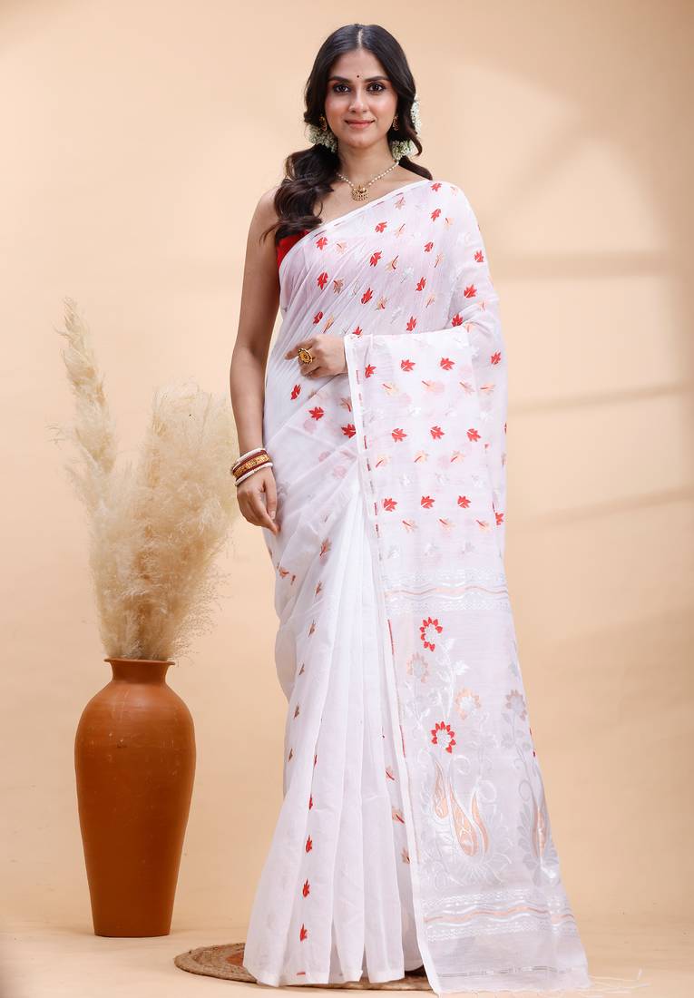 White handloom cotton saree with delicate red and golden floral buti and artistic woven pallu
