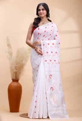 White handloom cotton saree with delicate red and golden floral buti and artistic woven pallu 2