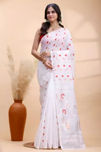 White handloom cotton saree with delicate red and golden floral buti and artistic woven pallu