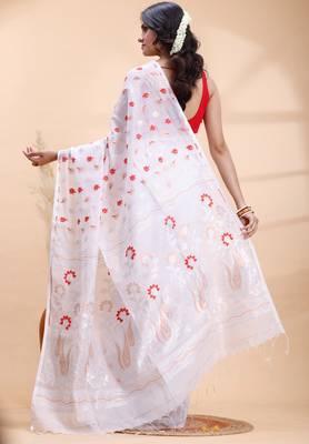 White handloom cotton saree with delicate red and golden floral buti and artistic woven pallu 3