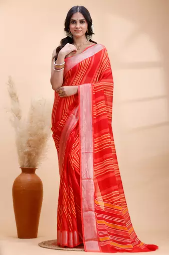 Red chiffon saree with elegant striped weave and subtle silver border detailing
