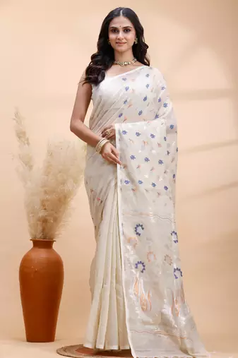 Gray handloom cotton saree with delicate blue and copper floral buti and artistic woven pallu
