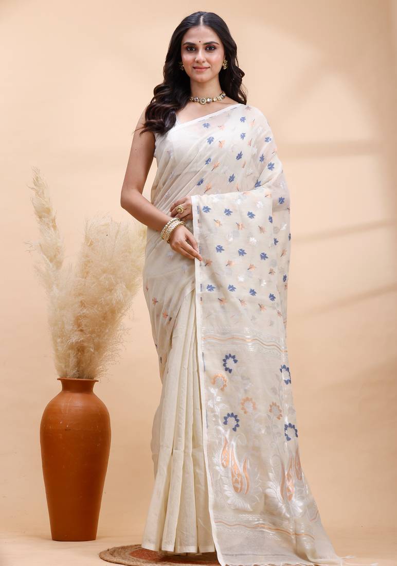 Gray handloom cotton saree with delicate blue and copper floral buti and artistic woven pallu
