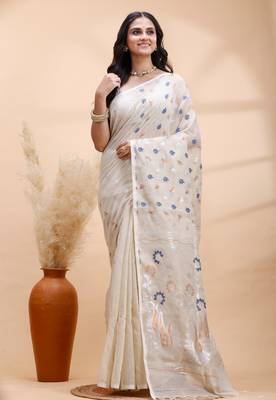 Gray handloom cotton saree with delicate blue and copper floral buti and artistic woven pallu 2