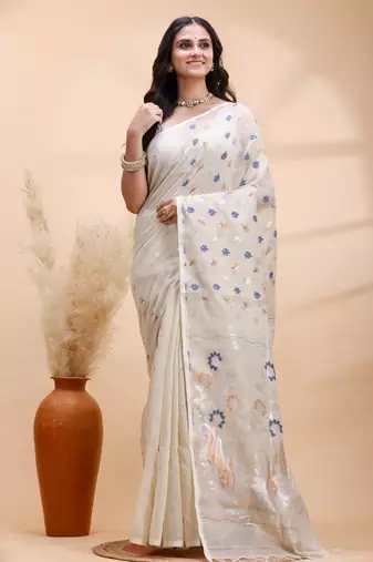 Gray handloom cotton saree with delicate blue and copper floral buti and artistic woven pallu