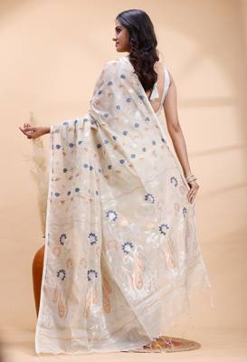 Gray handloom cotton saree with delicate blue and copper floral buti and artistic woven pallu 3