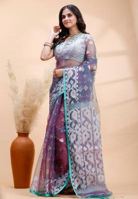 Pigeon blue dual toned muslin saree with delicate jamdani motifs and graceful contrast border 2