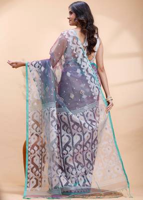 Pigeon blue dual toned muslin saree with delicate jamdani motifs and graceful contrast border 3