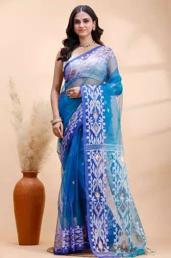 Blue dual toned muslin saree with delicate jamdani motifs and graceful contrast border