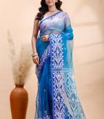 Blue dual toned muslin saree with delicate jamdani motifs and graceful contrast border