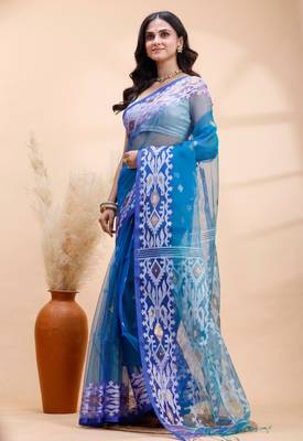 Blue dual toned muslin saree with delicate jamdani motifs and graceful contrast border 2