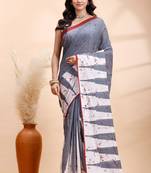 Gray malmal cotton saree with abstract white pallu and subtle red accents