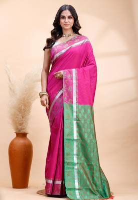 Pink and green kanjivaram silk blend saree 1