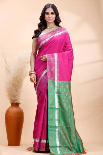 Pink and green kanjivaram silk saree