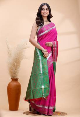 Pink and green kanjivaram silk blend saree 2