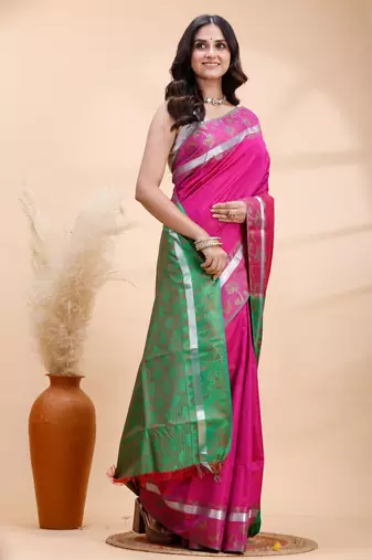 Pink and green kanjivaram silk blend saree