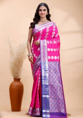 Pink and blue kanjivaram silk blend saree with silver zari motifs 1