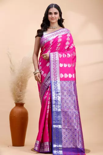 Pink and blue kanjivaram silk saree with silver zari motifs