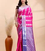 Pink and blue kanjivaram silk blend saree with silver zari motifs